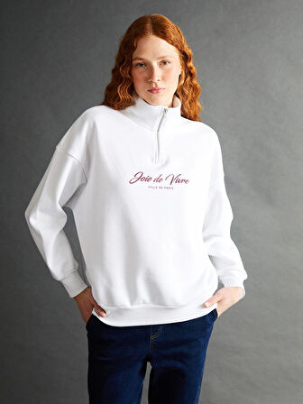 LCW Vision Beyaz Dik Yaka Baskılı Oversize Kadın Kalın Sweatshirt