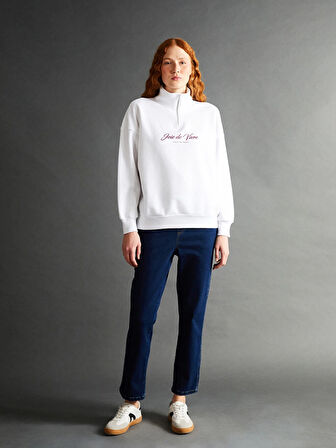 LCW Vision Beyaz Dik Yaka Baskılı Oversize Kadın Kalın Sweatshirt