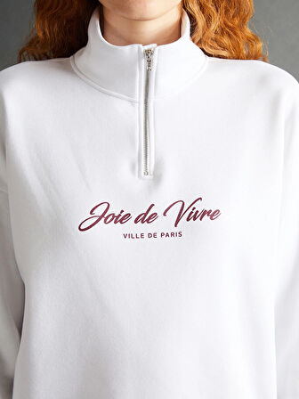 LCW Vision Beyaz Dik Yaka Baskılı Oversize Kadın Kalın Sweatshirt