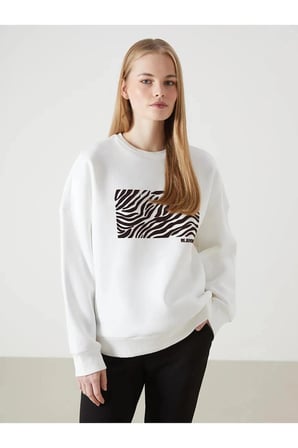 LCW Vision Ekru Bisiklet Yaka Baskılı Oversize Kadın Kalın Sweatshirt