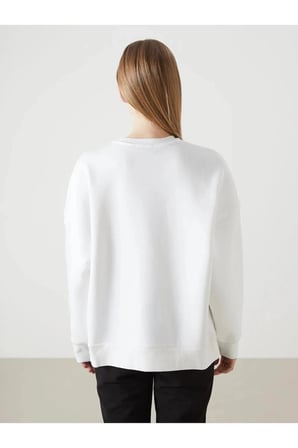 LCW Vision Ekru Bisiklet Yaka Baskılı Oversize Kadın Kalın Sweatshirt