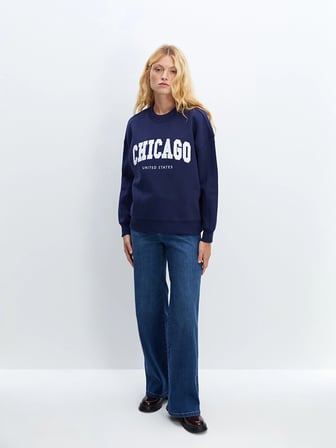LCW Vision Lacivert Bisiklet Yaka Baskılı Oversize Kadın Kalın Sweatshirt