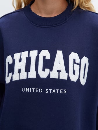 LCW Vision Lacivert Bisiklet Yaka Baskılı Oversize Kadın Kalın Sweatshirt