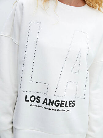 LCW Vision Ekru Bisiklet Yaka Baskılı Oversize Kadın Kalın Sweatshirt