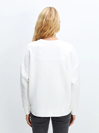 LCW Vision Ekru Bisiklet Yaka Baskılı Oversize Kadın Kalın Sweatshirt