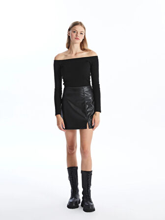 XSIDE SİYAH Beli Fermuarlı Deri Görünümlü Kadın Etek