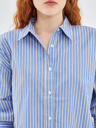 LCW Vision MAVİ Çizgili Oversize Poplin Kadın Gömlek