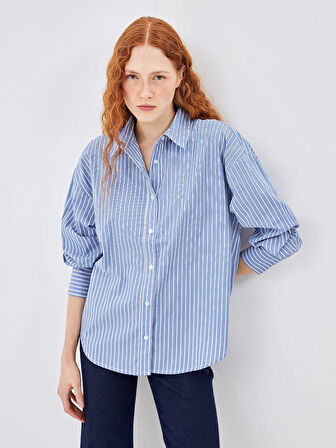 LCW Vision MAVİ Çizgili Oversize Poplin Kadın Gömlek