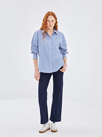 LCW Vision MAVİ Çizgili Oversize Poplin Kadın Gömlek