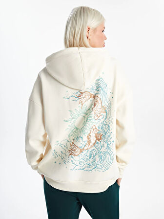 XSIDE Bej Baskılı Oversize Kadın Kalın Hoodie