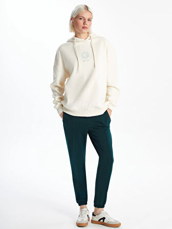 XSIDE Bej Baskılı Oversize Kadın Kalın Hoodie