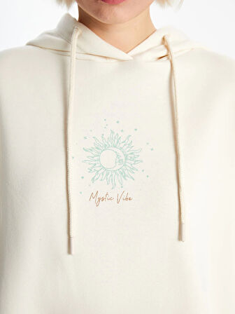 XSIDE Bej Baskılı Oversize Kadın Kalın Hoodie