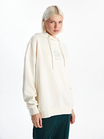 XSIDE Bej Baskılı Oversize Kadın Kalın Hoodie