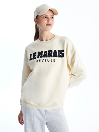 XSIDE Bej Bisiklet Yaka Nakışlı Oversize Kadın Kalın Sweatshirt