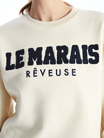 XSIDE Bej Bisiklet Yaka Nakışlı Oversize Kadın Kalın Sweatshirt