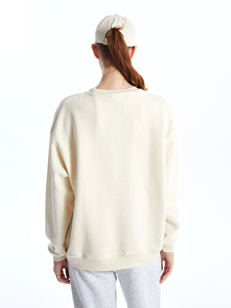 XSIDE Bej Bisiklet Yaka Nakışlı Oversize Kadın Kalın Sweatshirt