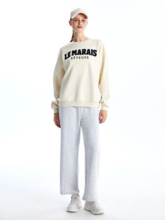 XSIDE Bej Bisiklet Yaka Nakışlı Oversize Kadın Kalın Sweatshirt