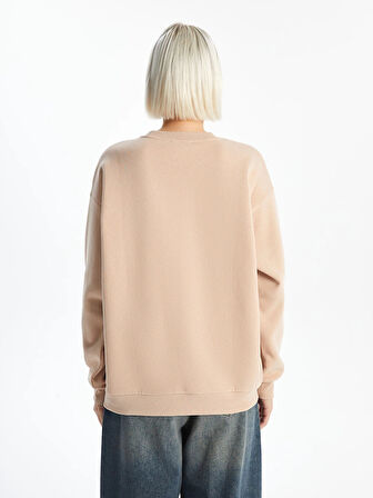 XSIDE Kahverengi Bisiklet Yaka Baskılı Oversize Kadın Kalın Sweatshirt