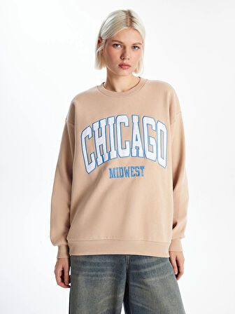 XSIDE Kahverengi Bisiklet Yaka Baskılı Oversize Kadın Kalın Sweatshirt