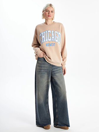 XSIDE Kahverengi Bisiklet Yaka Baskılı Oversize Kadın Kalın Sweatshirt