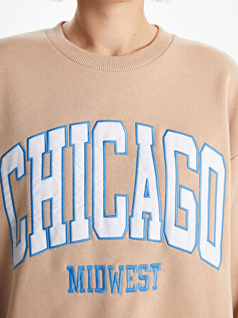 XSIDE Kahverengi Bisiklet Yaka Baskılı Oversize Kadın Kalın Sweatshirt