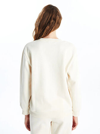 XSIDE Bej Bisiklet Yaka Baskılı Oversize Kadın Kalın Sweatshirt