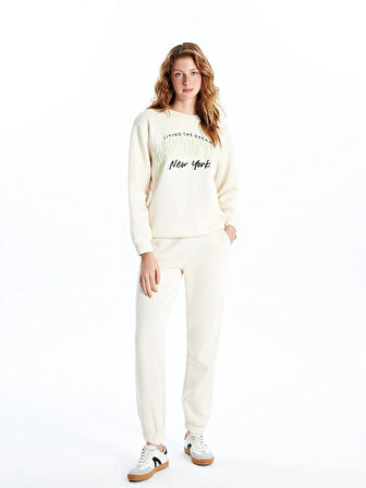 XSIDE Bej Bisiklet Yaka Baskılı Oversize Kadın Kalın Sweatshirt