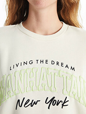 XSIDE Bej Bisiklet Yaka Baskılı Oversize Kadın Kalın Sweatshirt