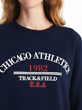 XSIDE Lacivert Bisiklet Yaka Baskılı Kadın Kalın Sweatshirt