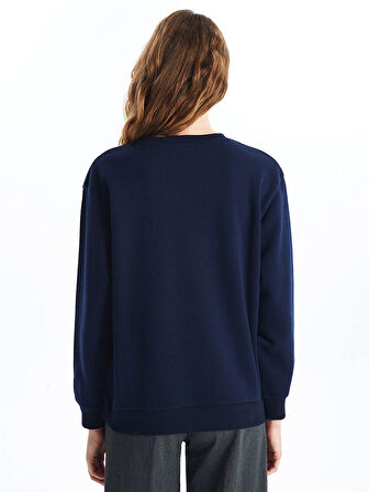 XSIDE Lacivert Bisiklet Yaka Baskılı Kadın Kalın Sweatshirt
