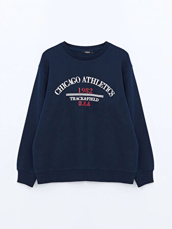 XSIDE Lacivert Bisiklet Yaka Baskılı Kadın Kalın Sweatshirt