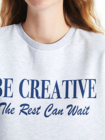 XSIDE Gri Bisiklet Yaka Baskılı Kadın Kalın Sweatshirt