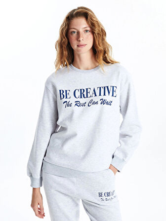 XSIDE Gri Bisiklet Yaka Baskılı Kadın Kalın Sweatshirt