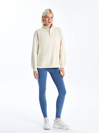 XSIDE Bej Dik Yaka Nakışlı Oversize Kadın Kalın Sweatshirt