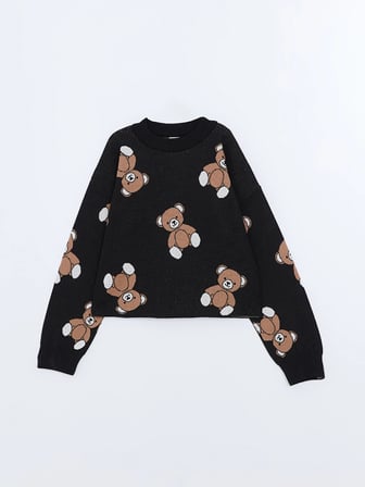 LCW Kids Siyah Bisiklet Yaka Ayı Teddy Desenli Kız Çocuk Triko Kazak