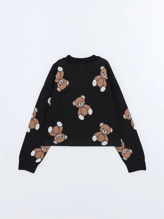 LCW Kids Siyah Bisiklet Yaka Ayı Teddy Desenli Kız Çocuk Triko Kazak
