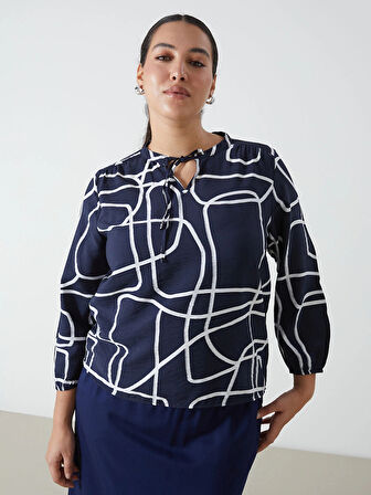 LCWAIKIKI Classic Lacivert Bağlamalı Yaka Desenli Kadın Bluz