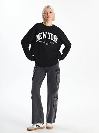 XSIDE Siyah Bisiklet Yaka Baskılı Oversize Kadın Kalın Sweatshirt