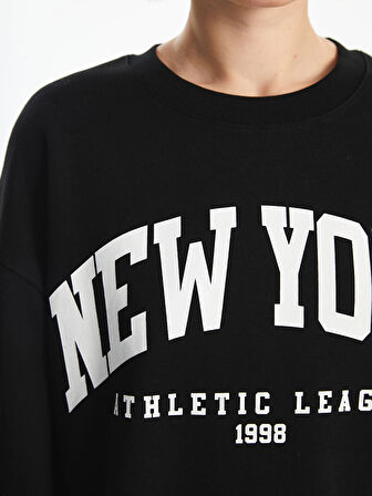 XSIDE Siyah Bisiklet Yaka Baskılı Oversize Kadın Kalın Sweatshirt