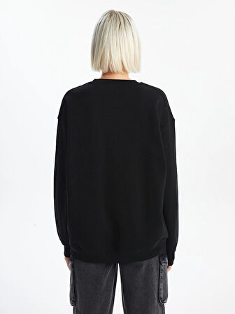 XSIDE Siyah Bisiklet Yaka Baskılı Oversize Kadın Kalın Sweatshirt