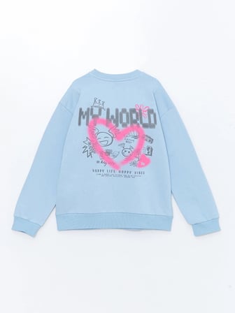LCW Kids Mavi Bisiklet Yaka Kız Çocuk Kalın Sweatshirt