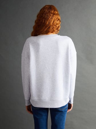 LCW Vision Gri Bisiklet Yaka Nakışlı Oversize Kadın Kalın Sweatshirt