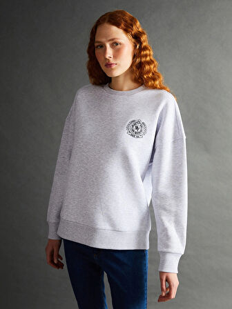 LCW Vision Gri Bisiklet Yaka Nakışlı Oversize Kadın Kalın Sweatshirt