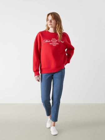 Bisiklet Yaka Baskılı Oversize Kadın Kalın Sweatshirt