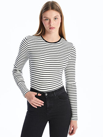 LCW Vision Siyah Bisiklet Yaka Çizgili Kadın Body