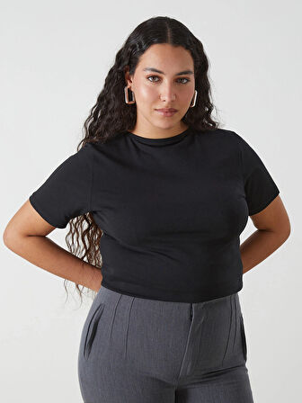 LCWAIKIKI Basic Siyah Bisiklet Yaka Düz Kısa Kollu Kadın Tişört
