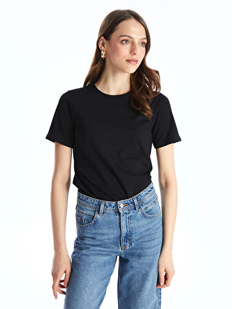 LCWAIKIKI Basic Siyah Bisiklet Yaka Düz Kısa Kollu Kadın Tişört