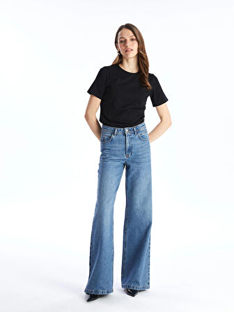 LCWAIKIKI Basic Siyah Bisiklet Yaka Düz Kısa Kollu Kadın Tişört