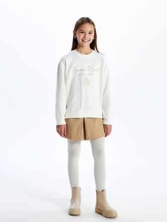 LCW Kids Ekru Bisiklet Yaka Kız Çocuk Kalın Sweatshirt