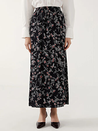 LCW Grace SİYAH Beli Lastikli Çiçekli Kadın Etek